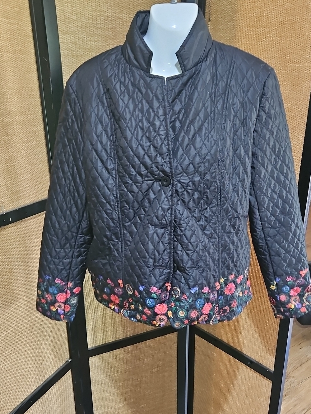 Desigual Quilted Black Jacket with Floral Hem Embroidery